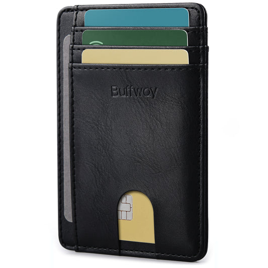 Buffway Slim Minimalist Front Pocket RFID Blocking Leather Wallets for Men and Women - Slate Black