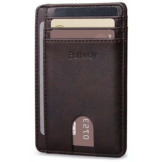 Buffway Slim Minimalist Front Pocket RFID Blocking Leather Wallets for Men and Women - Pebble Brown