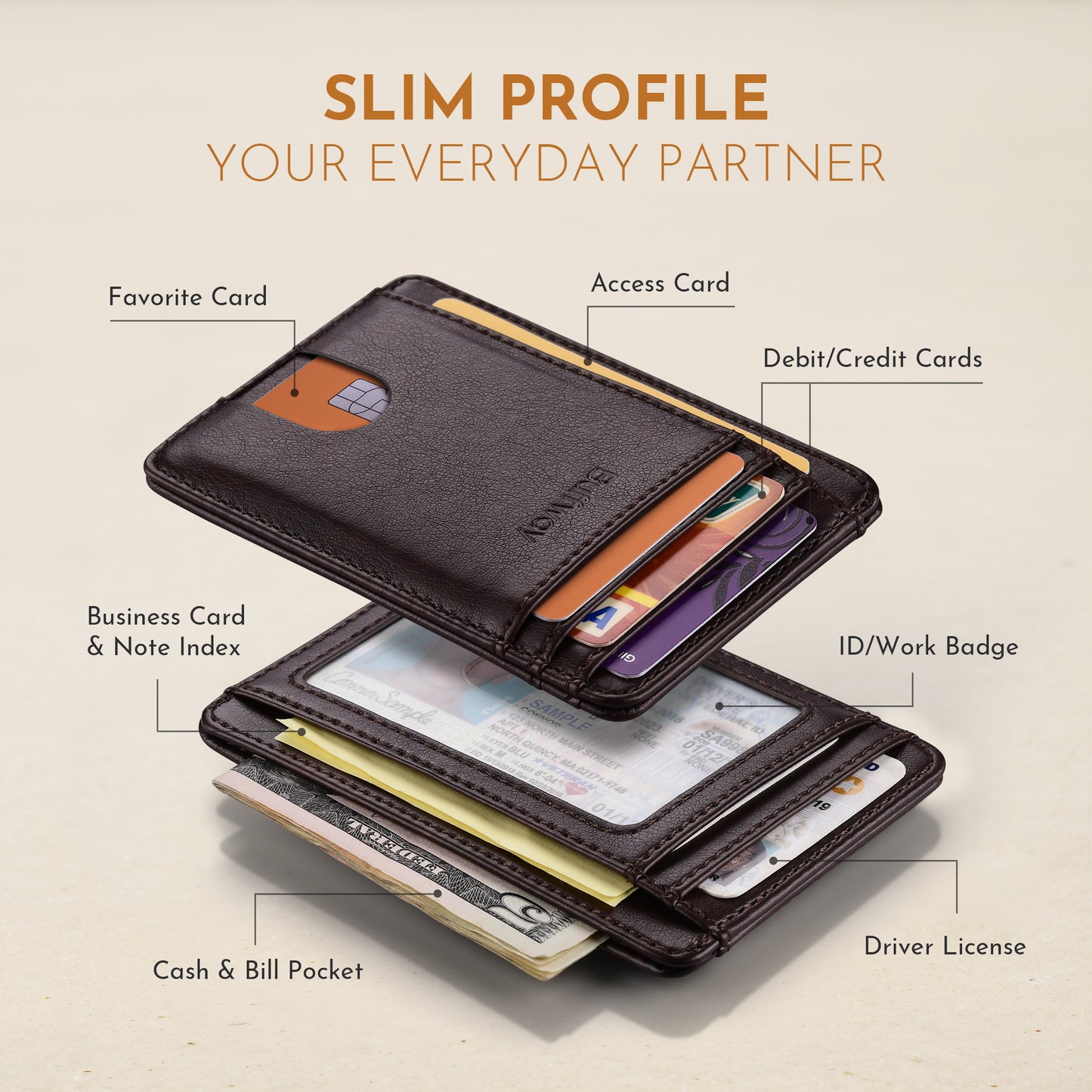 Buffway Slim Minimalist Front Pocket RFID Blocking Leather Wallets for Men and Women - Pebble