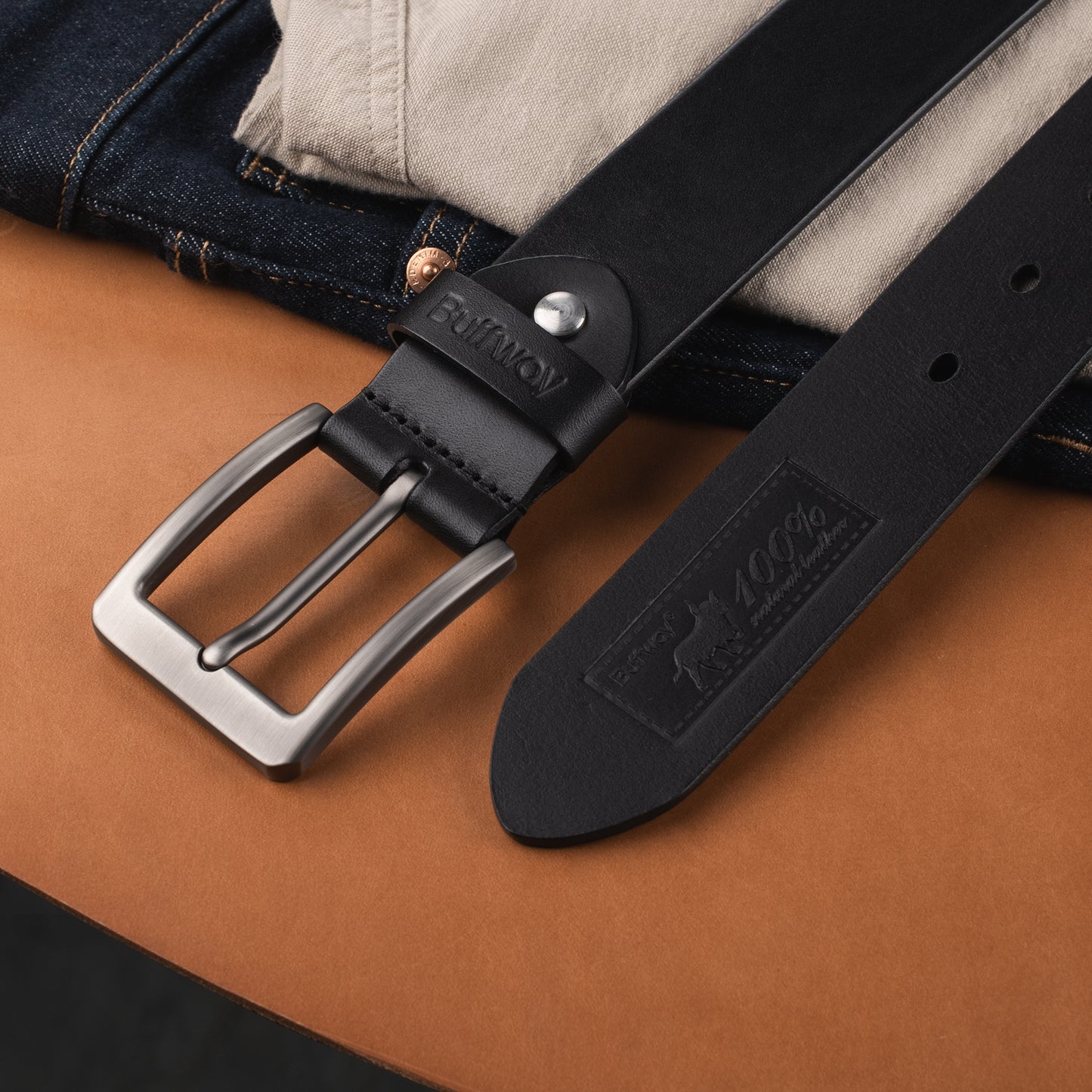 Buffway Ledergürtel für Herren – robuster Vollnarben-Herrengürtel, 3,8 cm, vielseitig für den täglichen Gebrauch, mit Geschenkbox