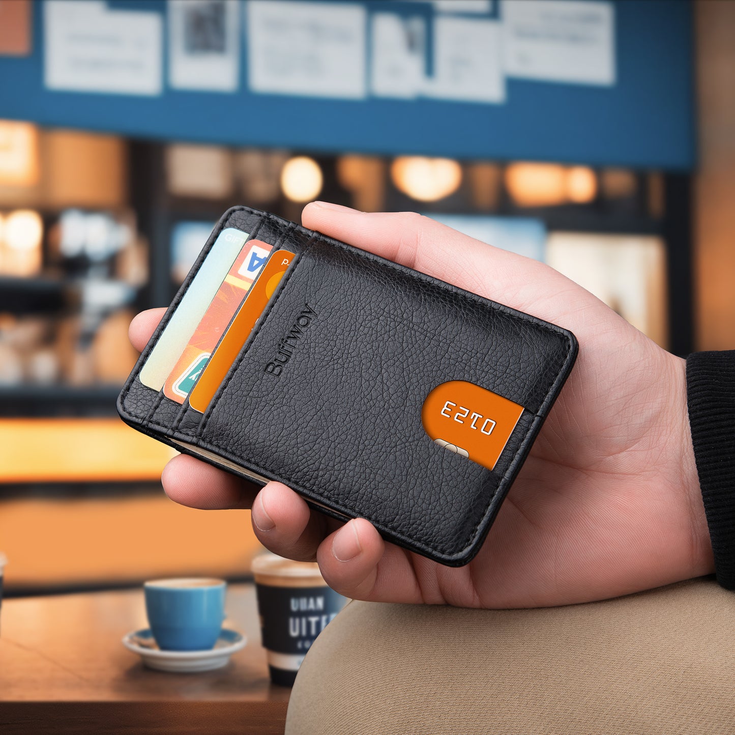 Buffway Mens Slim Wallet, Minimalist Thin Front Pocket Leather Credit Card Holder with RFID Blocking for Work Travel - Galactic Crack