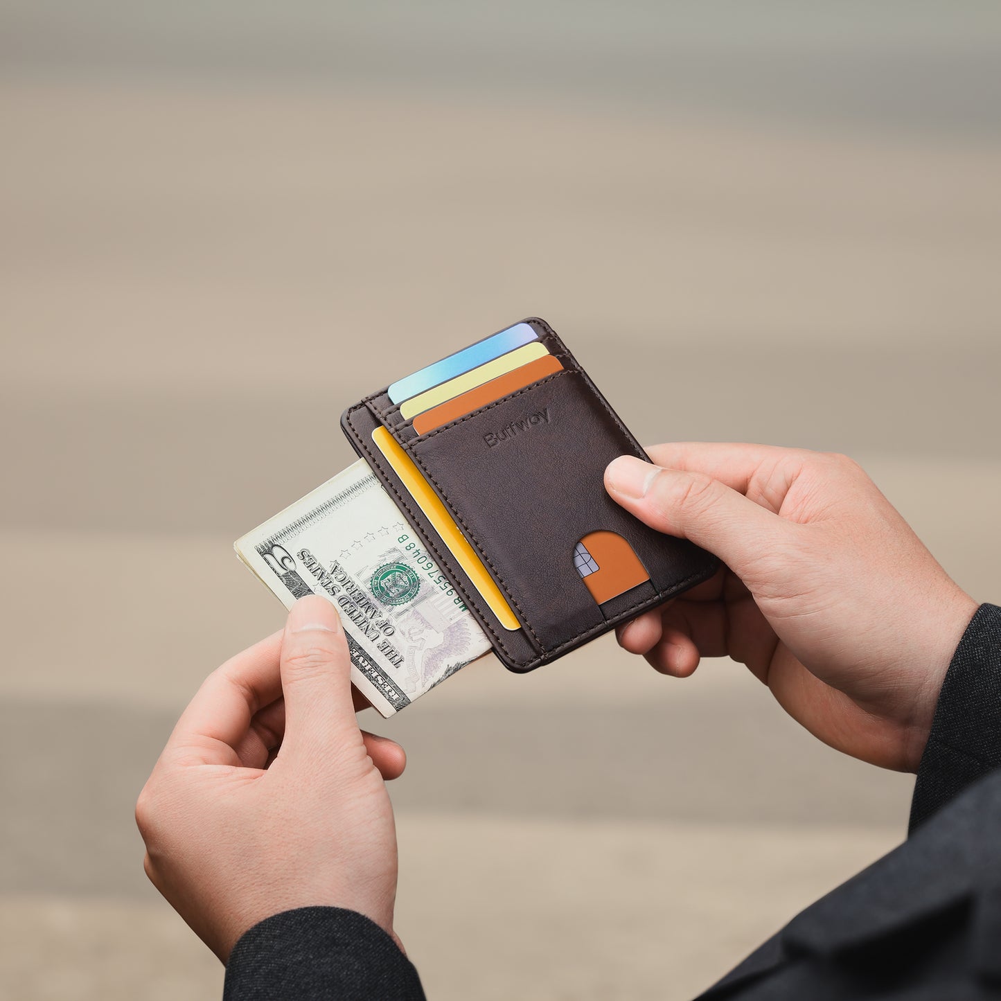 Buffway Slim Minimalist Front Pocket RFID Blocking Leather Wallets for Men and Women - Pebble