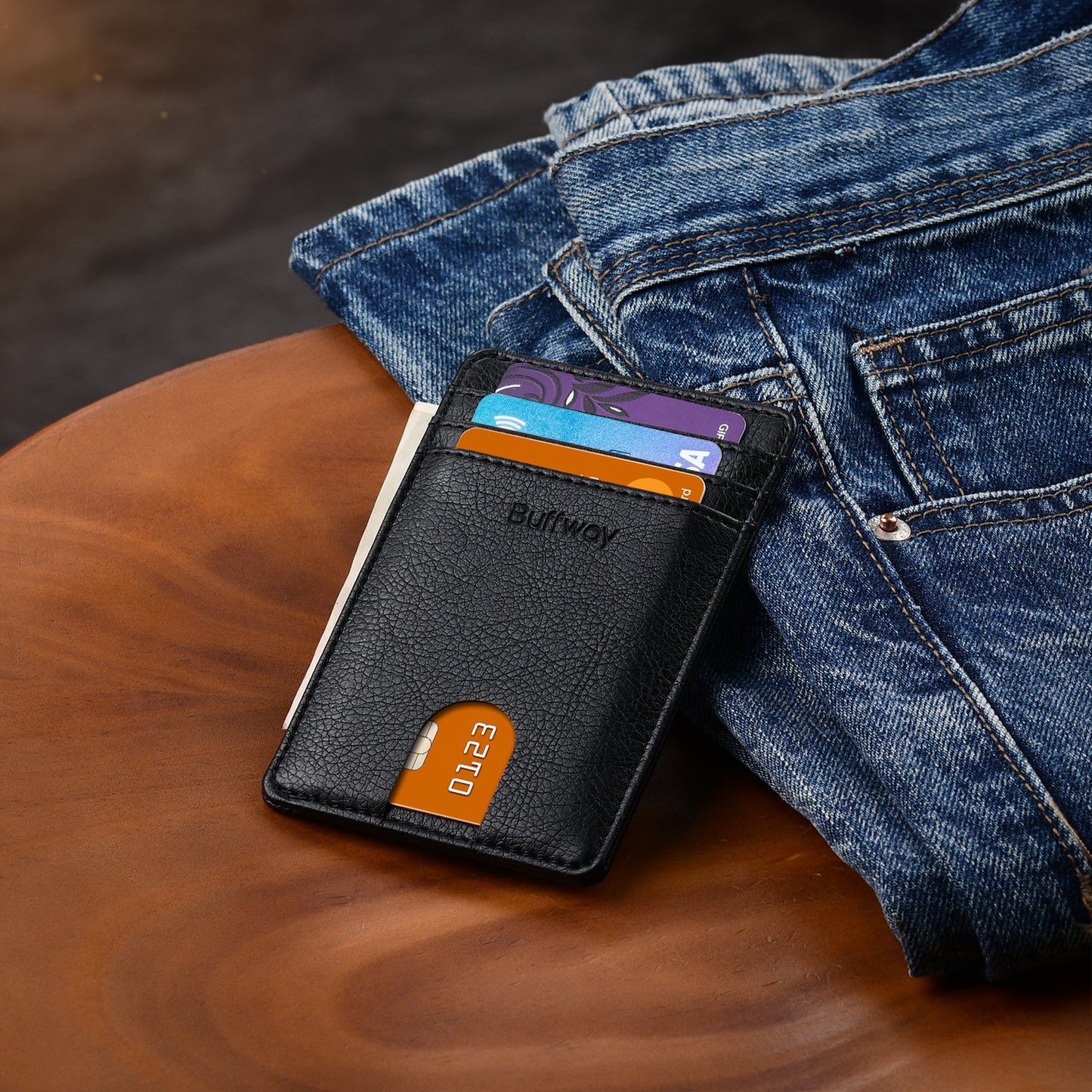 Buffway Mens Slim Wallet, Minimalist Thin Front Pocket Leather Credit Card Holder with RFID Blocking for Work Travel - Galactic Crack