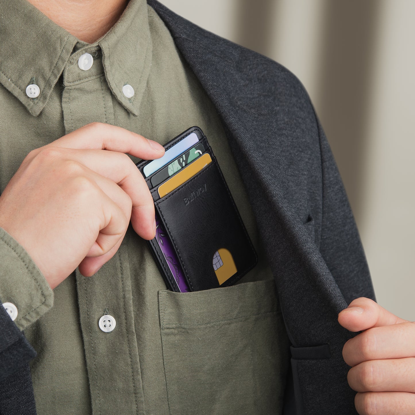 Portefeuilles Buffway Slim Minimalist en cuir avec blocage RFID et poche avant pour hommes et femmes - Ardoise