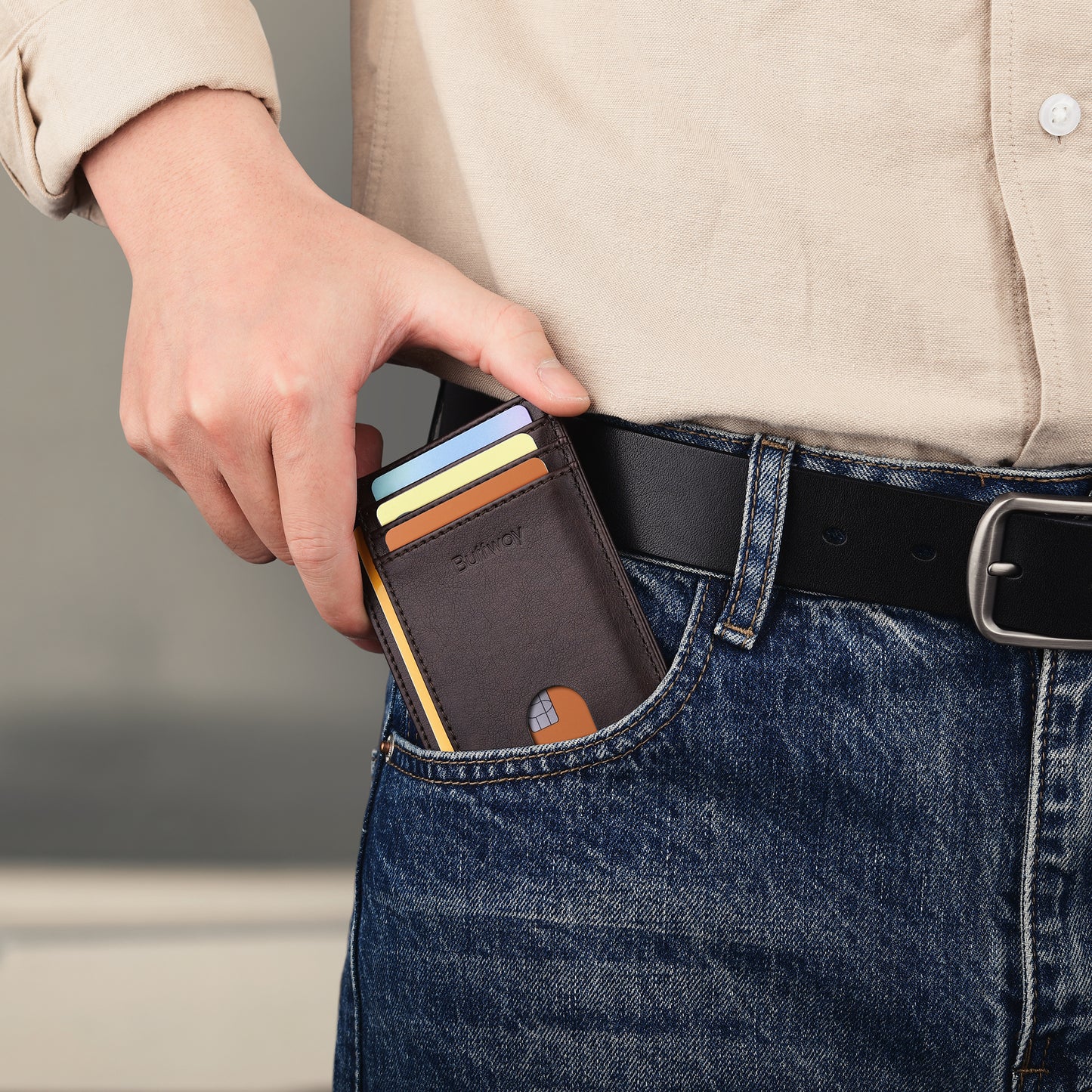 Buffway Slim Minimalist Front Pocket RFID Blocking Leather Wallets for Men and Women - Pebble