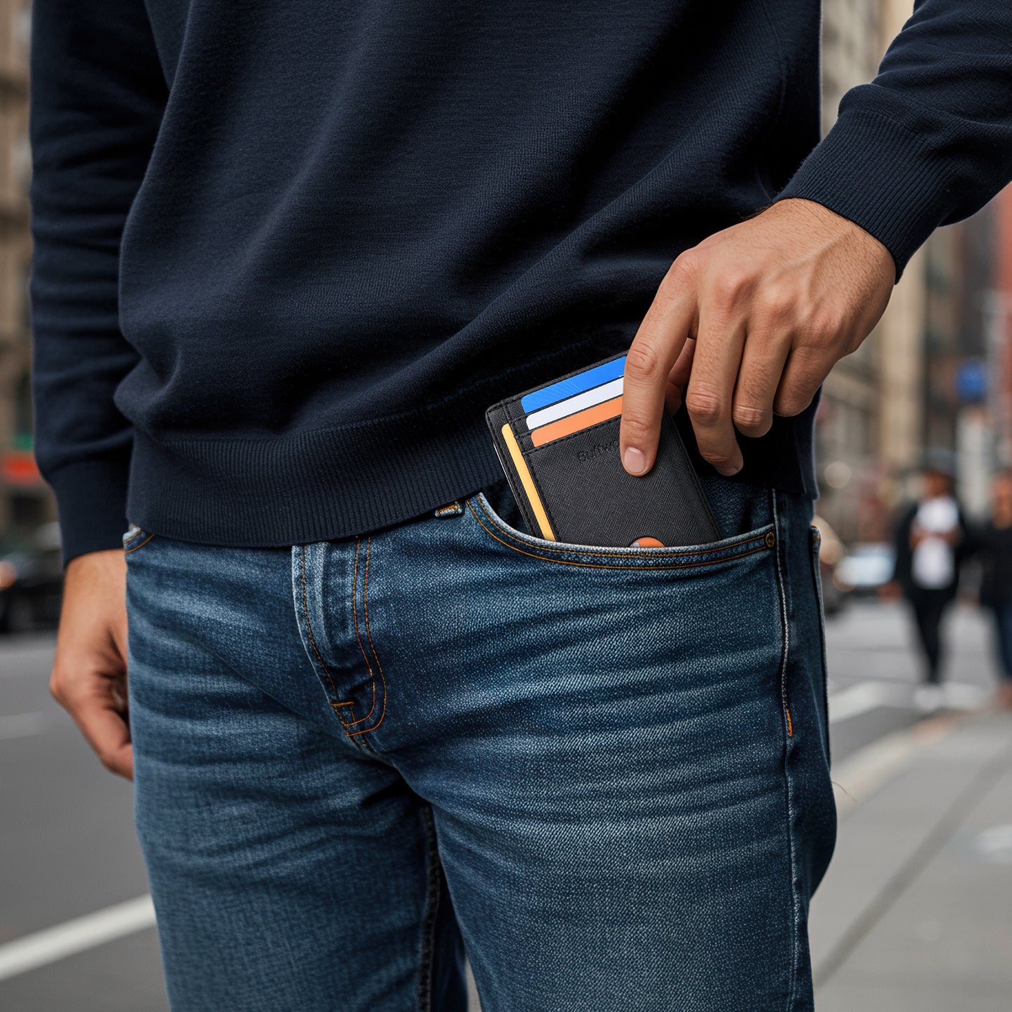 Buffway Slim Minimalist Front Pocket RFID Blocking Leather Wallets for Men and Women - Cross