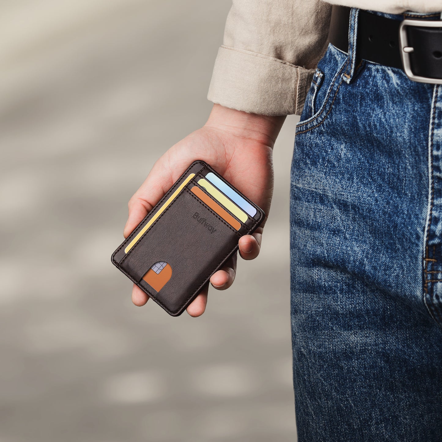 Buffway Slim Minimalist Front Pocket RFID Blocking Leather Wallets for Men and Women - Pebble