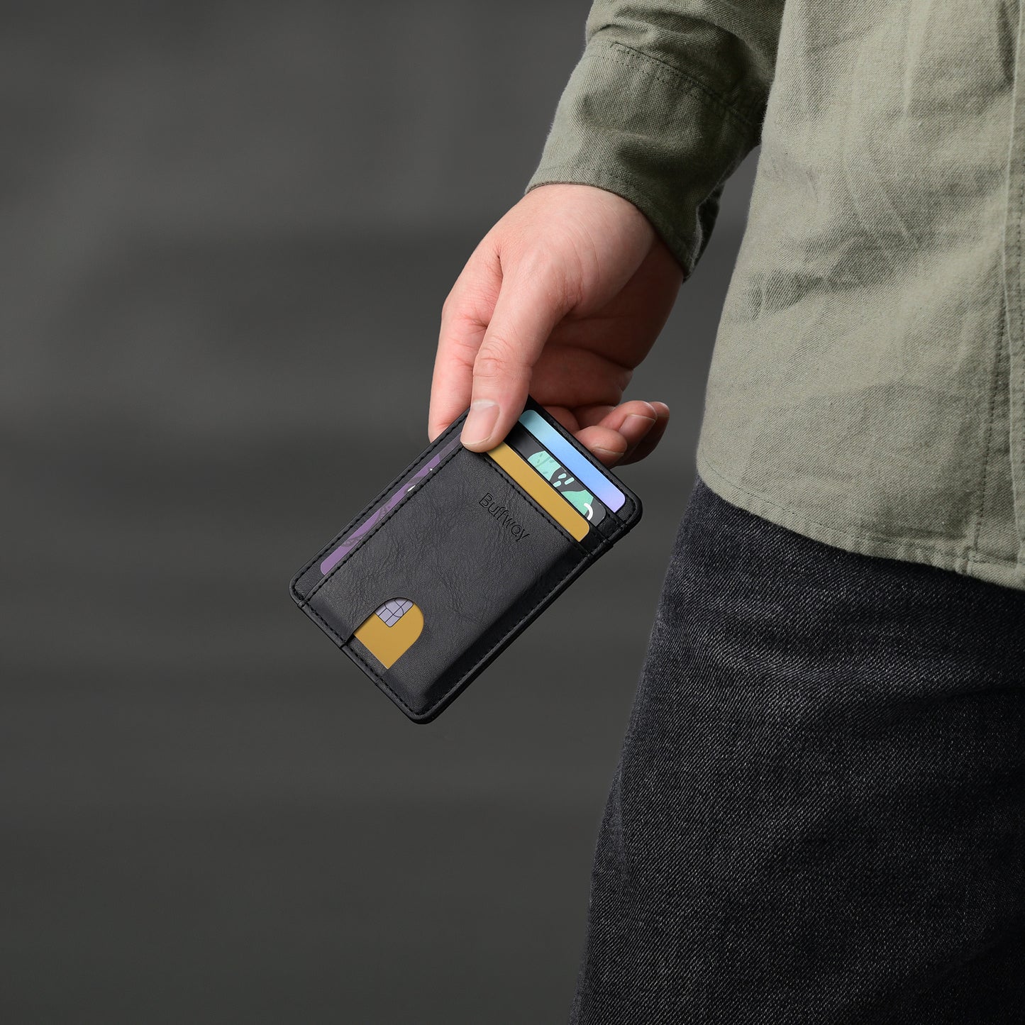Portefeuilles Buffway Slim Minimalist en cuir avec blocage RFID et poche avant pour hommes et femmes - Ardoise