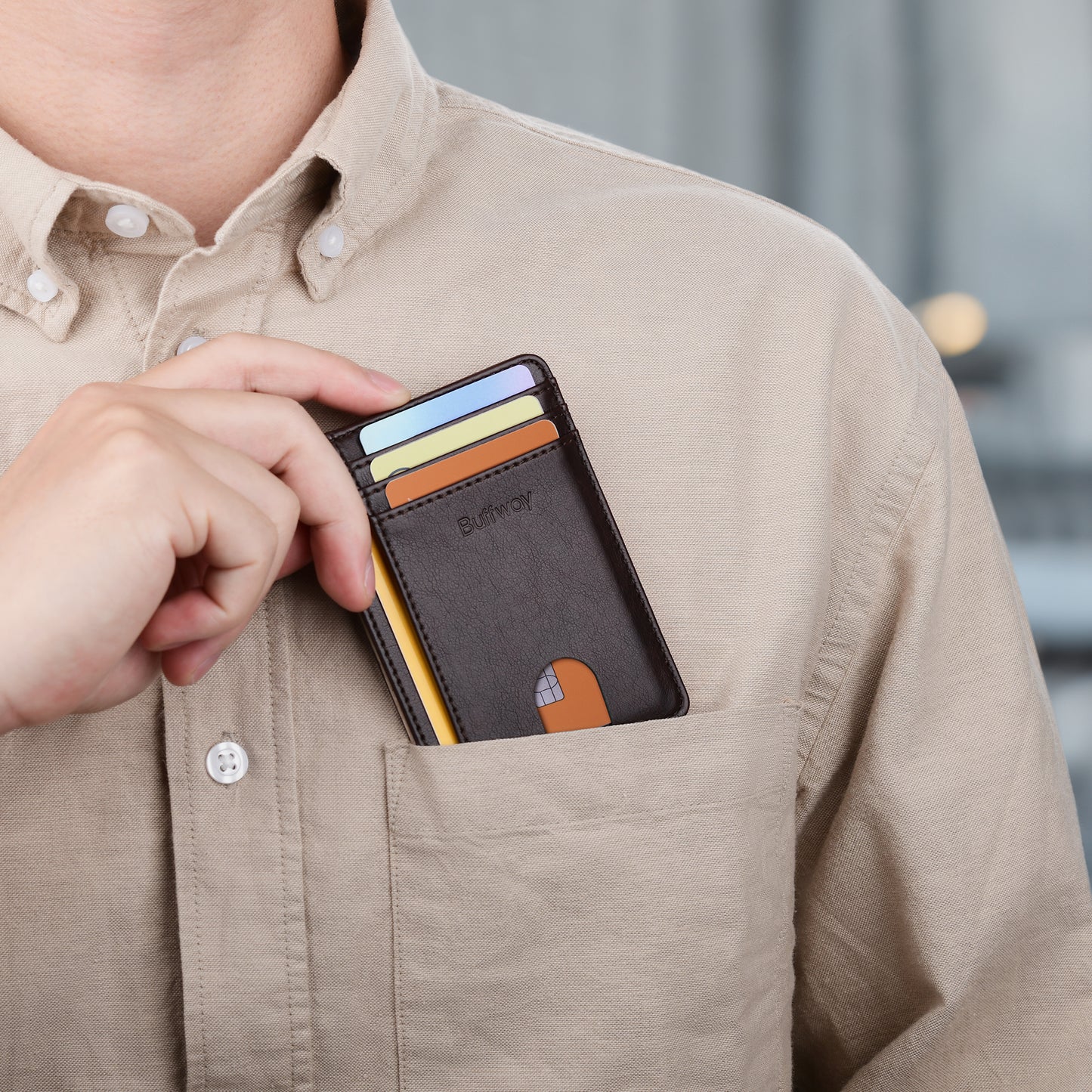 Buffway Slim Minimalist Front Pocket RFID Blocking Leather Wallets for Men and Women - Pebble