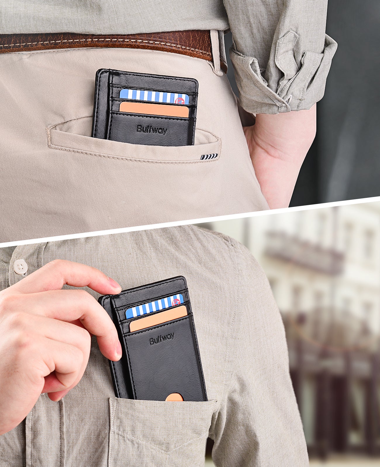 Buffway Slim Minimalist Front Pocket RFID Blocking Leather Wallets for Men and Women - Alaska Brown