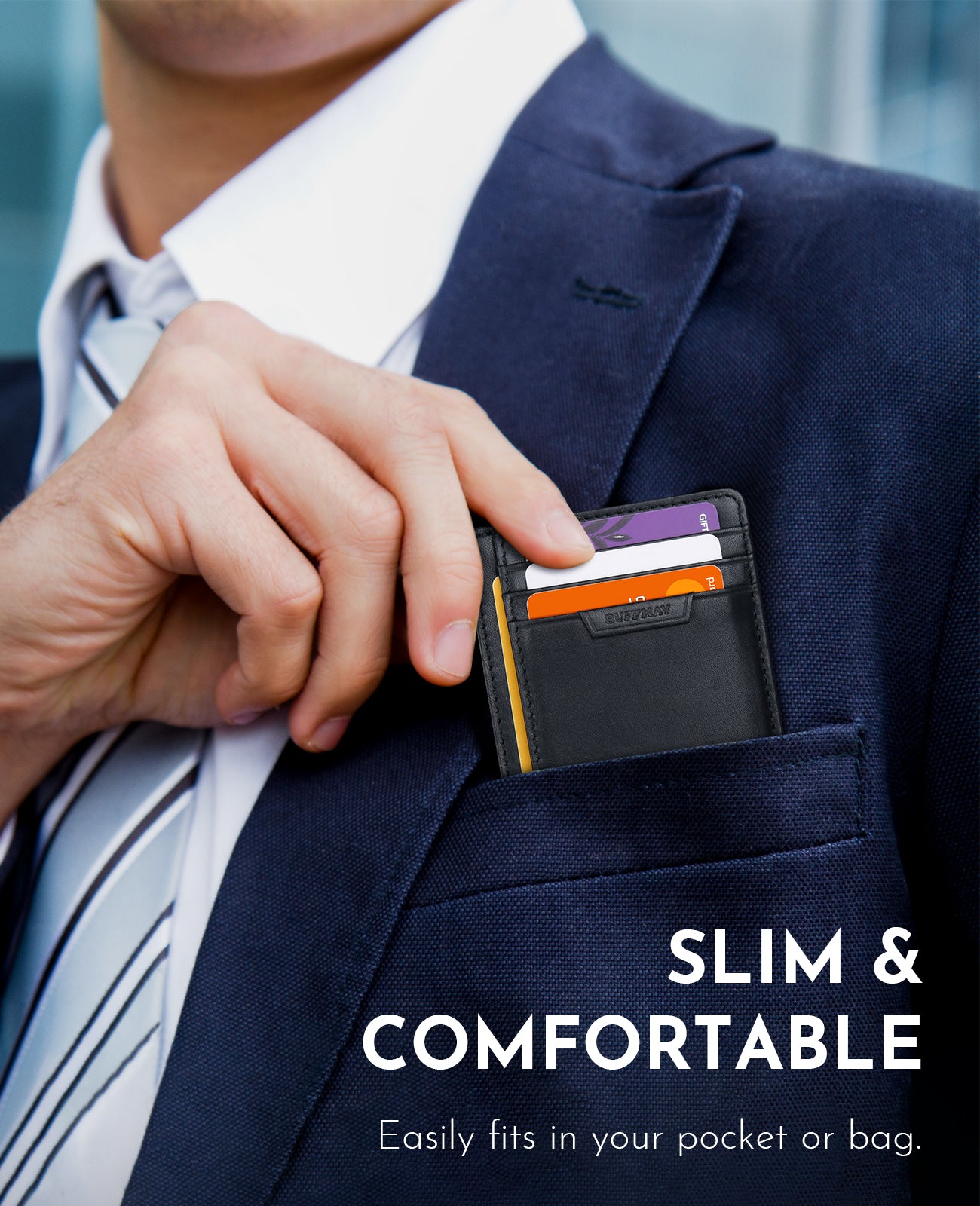 Buffway Slim Wallet for Men Women Minimalist Small Leather Front Pocket Wallets with RFID Blocking and Gifts Box - Bassa Black