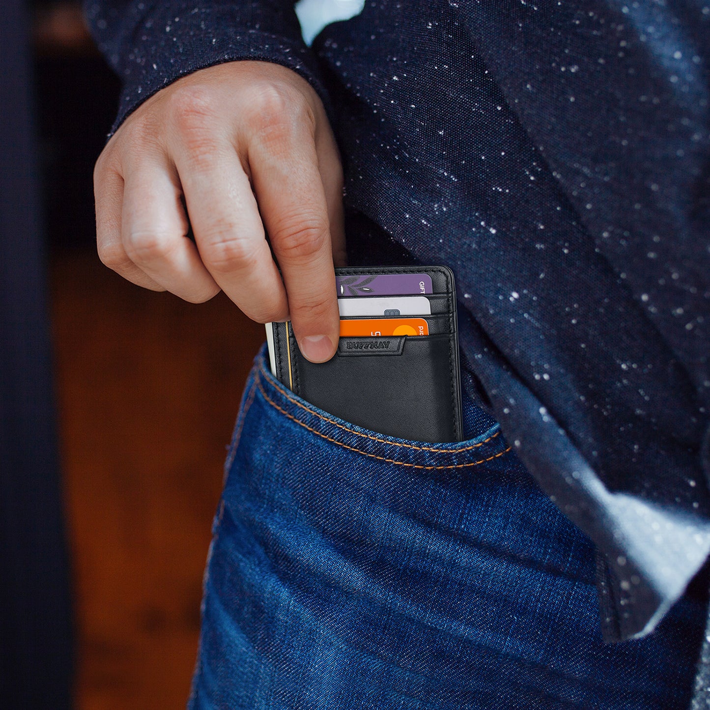 Buffway Slim Wallet for Men Women Minimalist Small Leather Front Pocket Wallets with RFID Blocking and Gifts Box (Bassa)