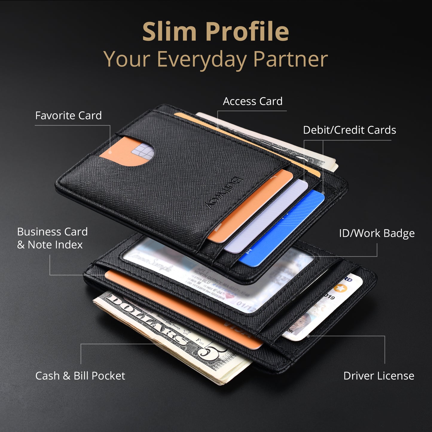 Buffway Slim Minimalist Front Pocket RFID Blocking Leather Wallets for Men and Women - Cross