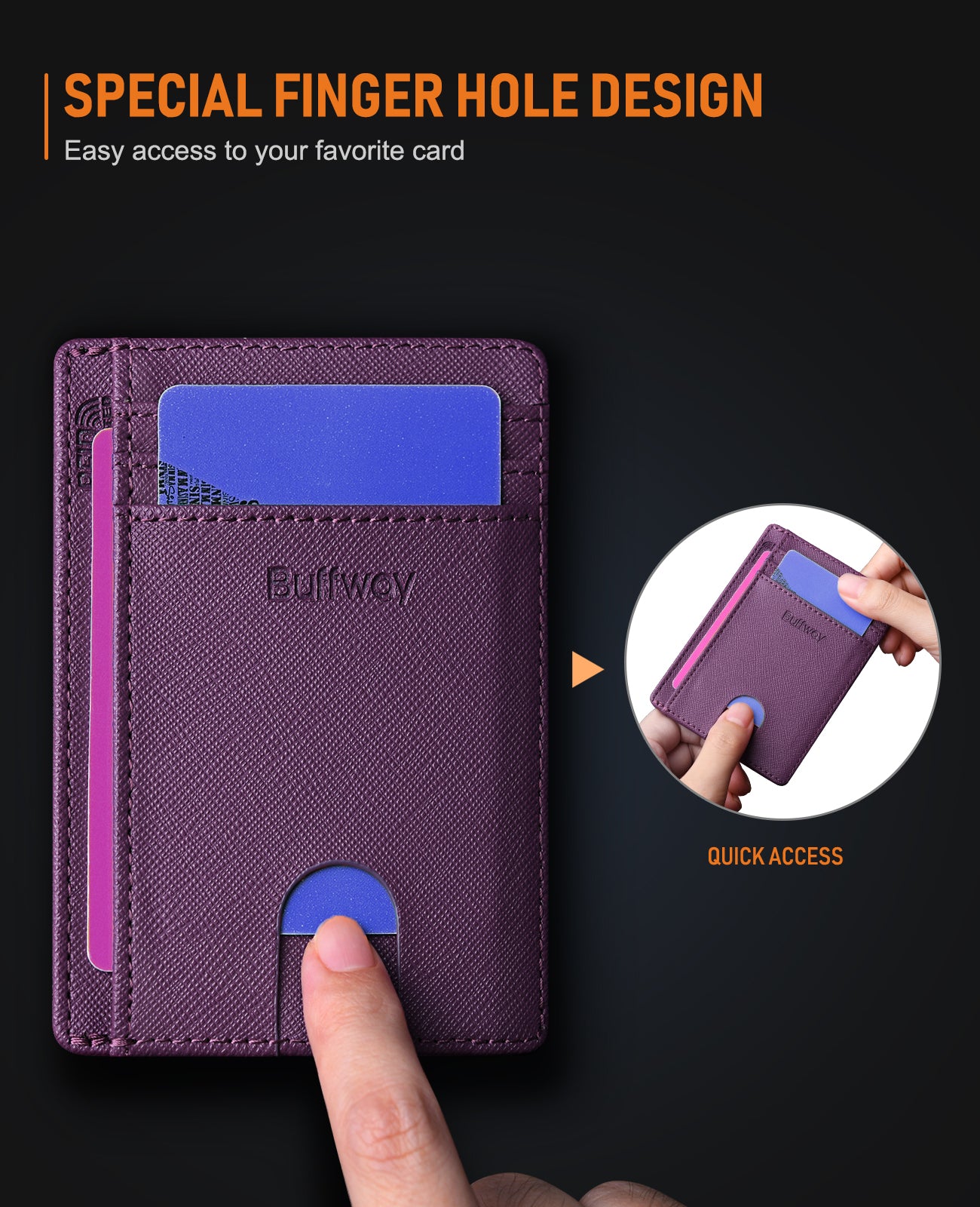 Buffway Slim Minimalist Front Pocket RFID Blocking Leather Wallets for Men and Women - Cross Purple