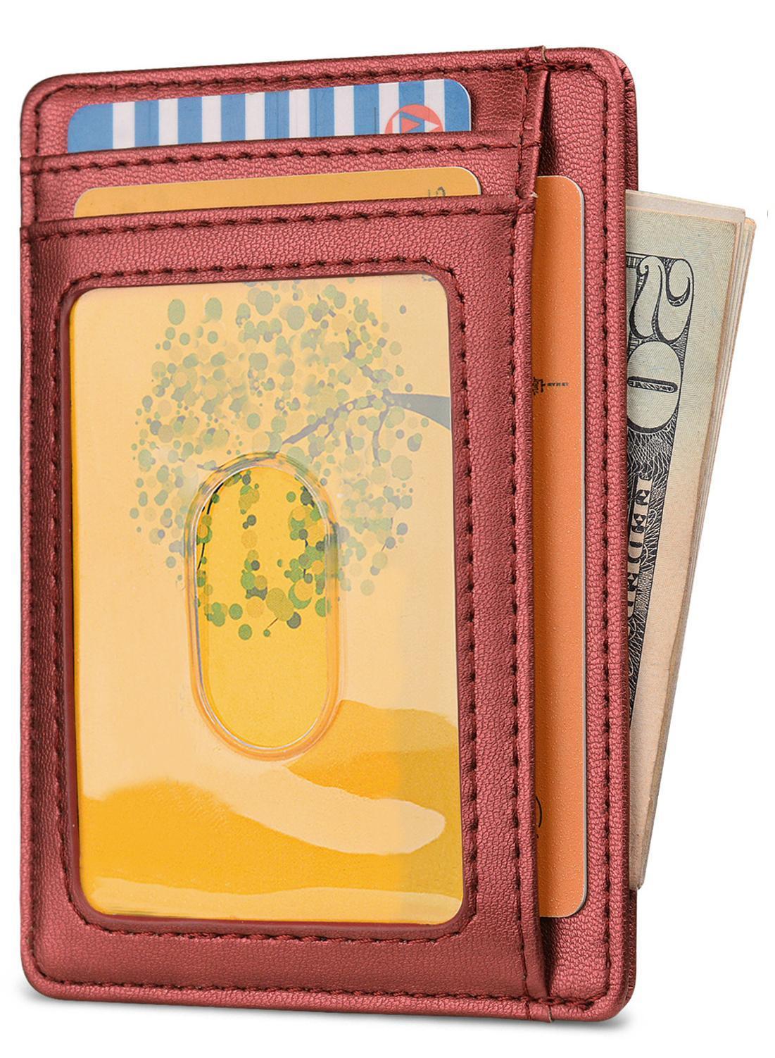 Buffway Slim Minimalist Front Pocket RFID Blocking Leather Wallets for Men and Women - Sand Rose Gold