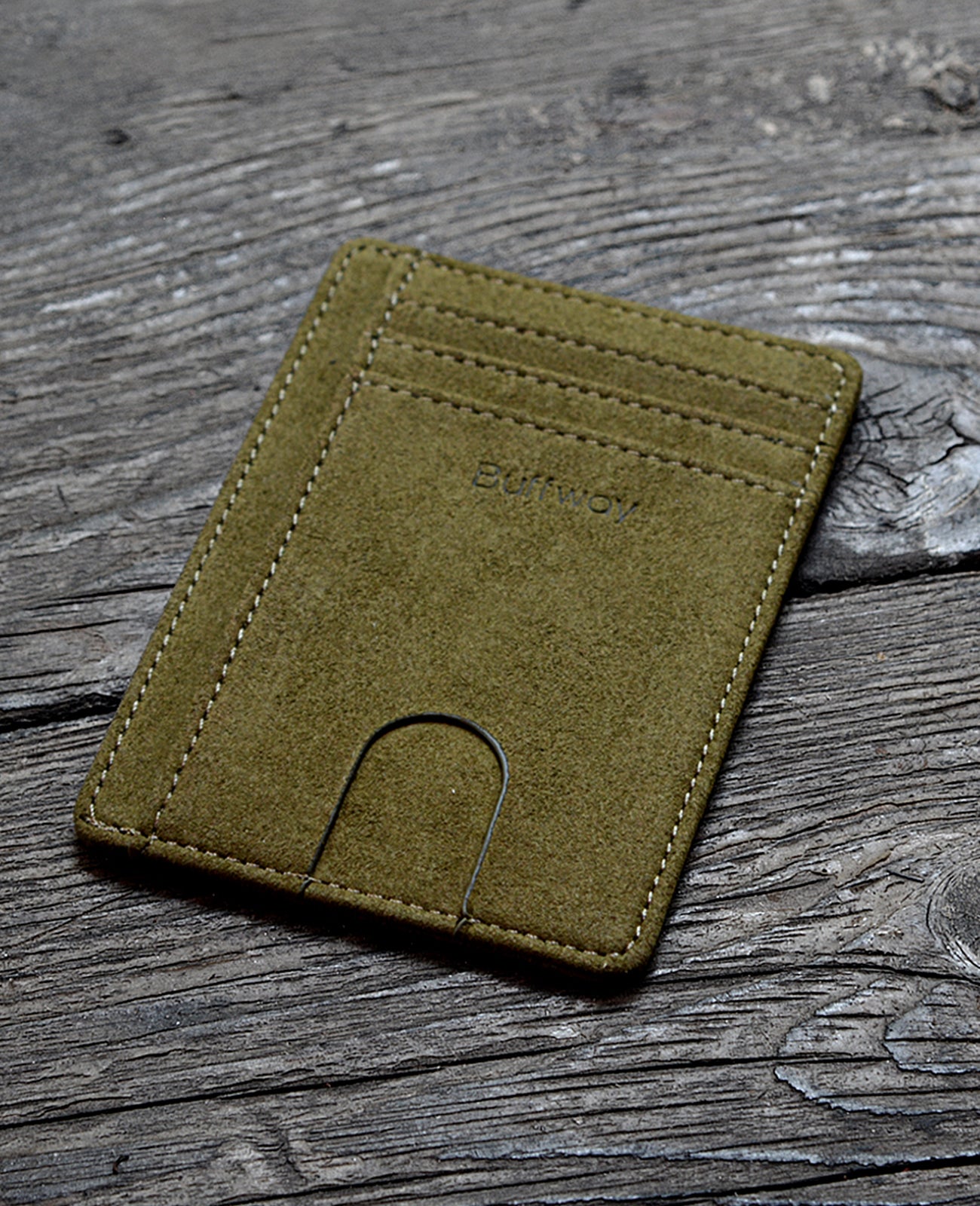 Buffway Slim Minimalist Front Pocket RFID Blocking Leather Wallets for Men and Women - At Sahara Desert Green
