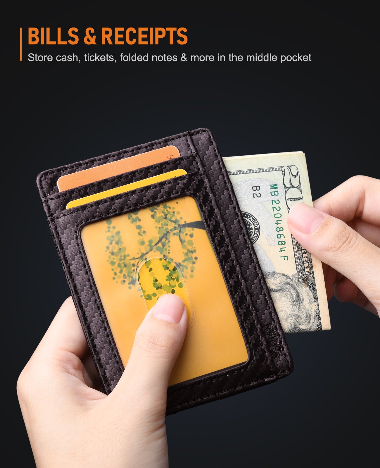 Buffway Slim Minimalist Front Pocket RFID Blocking Leather Wallets for Men and Women - Carbon Fiber Coffee