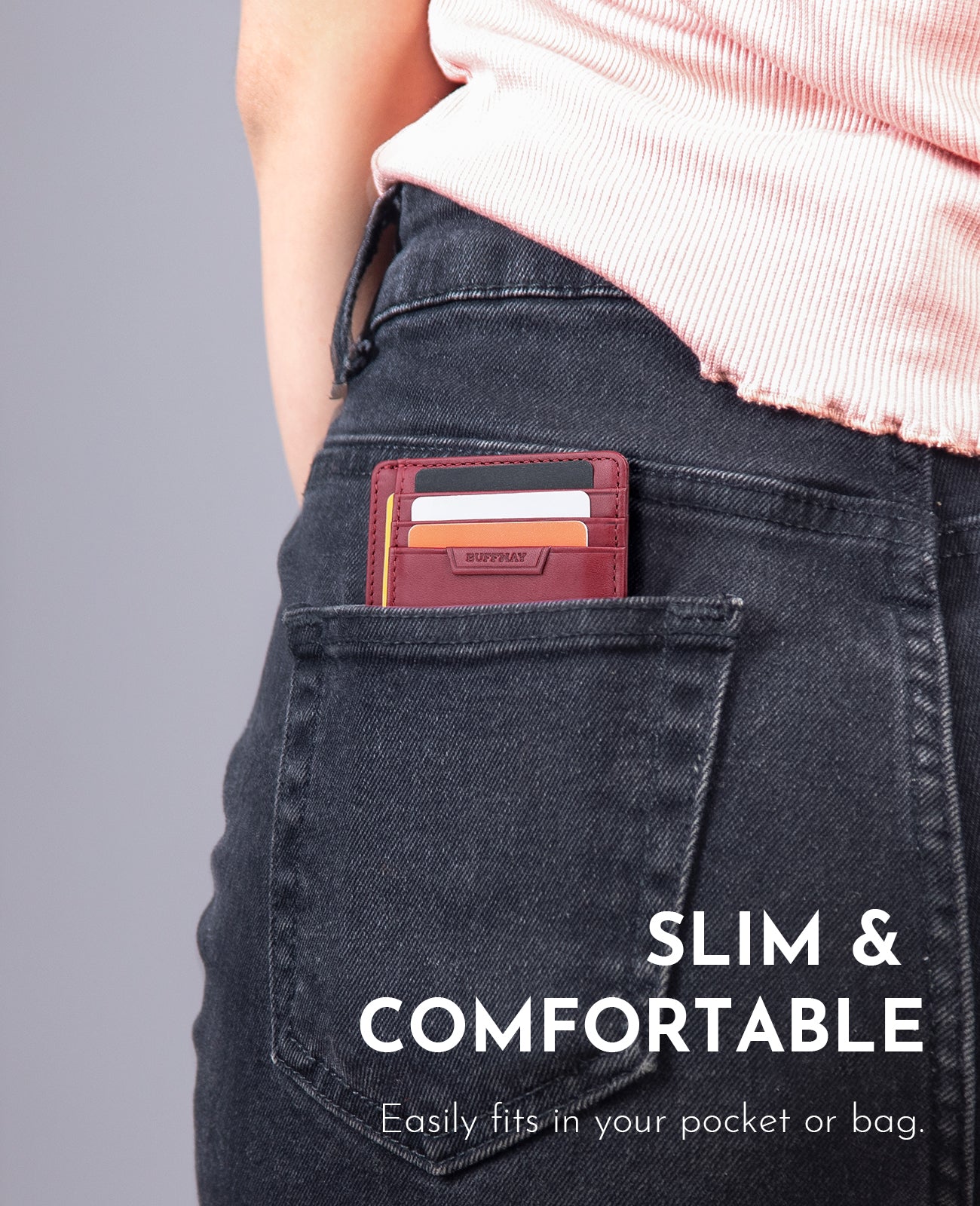 Buffway Slim Wallet for Men Women Minimalist Small Leather Front Pocket Wallets with RFID Blocking and Gifts Box - Bassa Mars Red