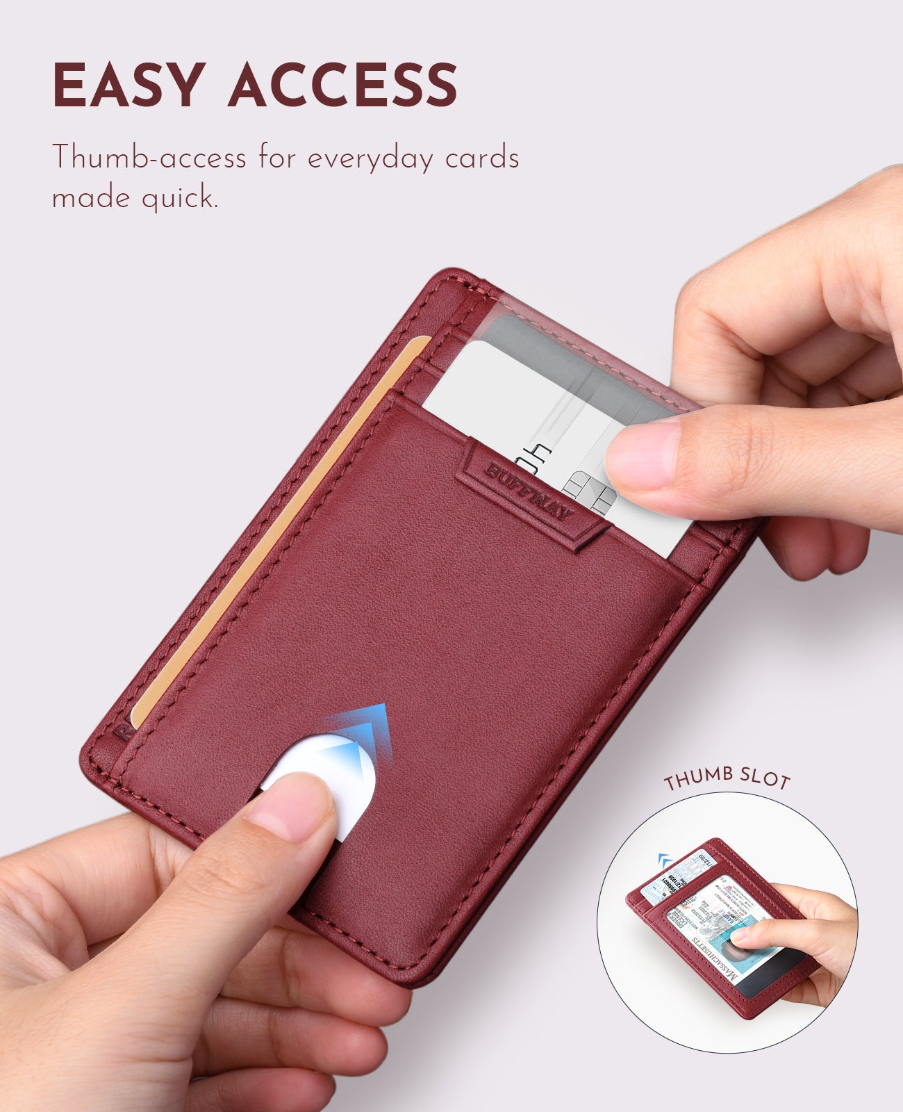 Buffway Slim Wallet for Men Women Minimalist Small Leather Front Pocket Wallets with RFID Blocking and Gifts Box - Bassa Mars Red