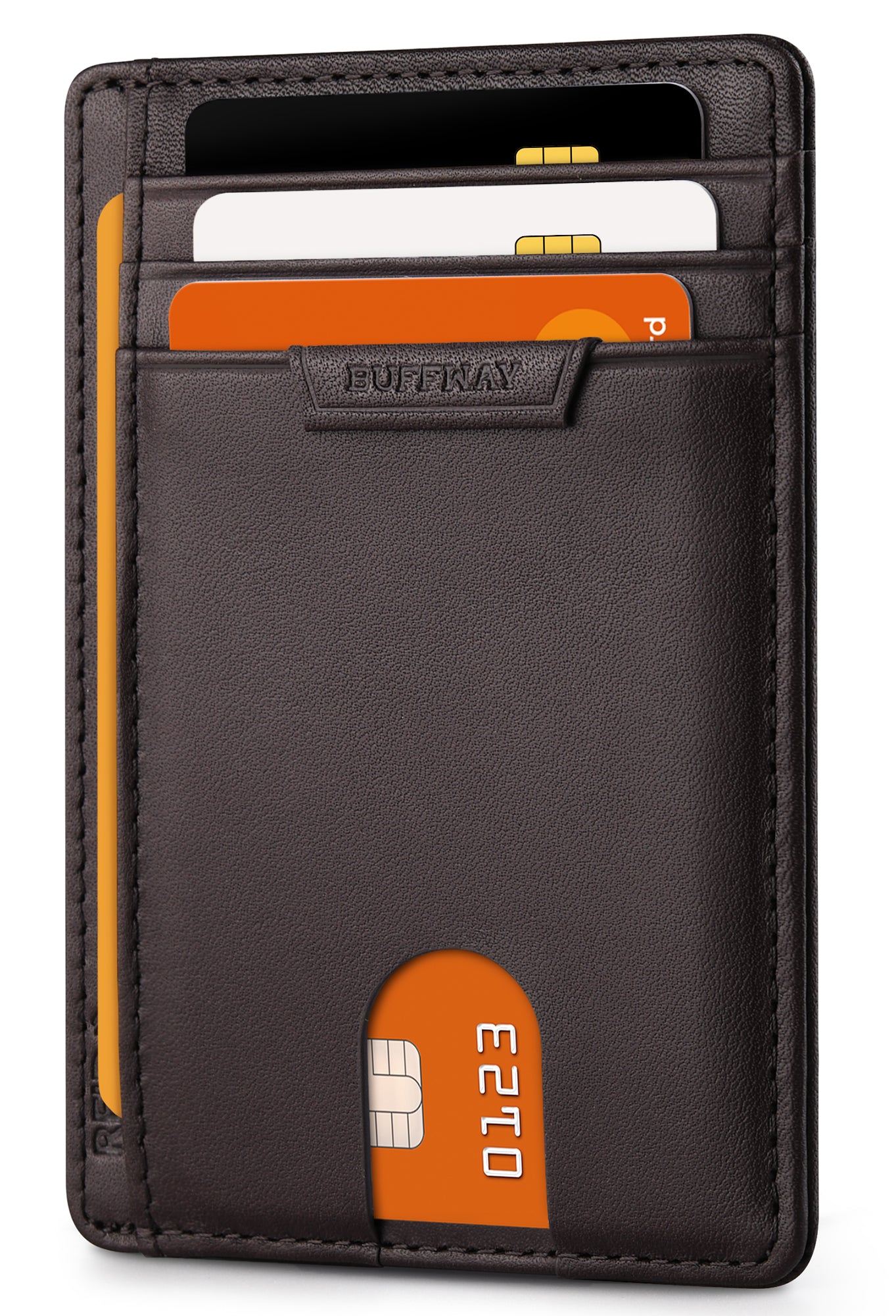 Buffway Slim Wallet for Men Women Minimalist Small Leather Front Pocket Wallets with RFID Blocking and Gifts Box - Bassa Chocolate