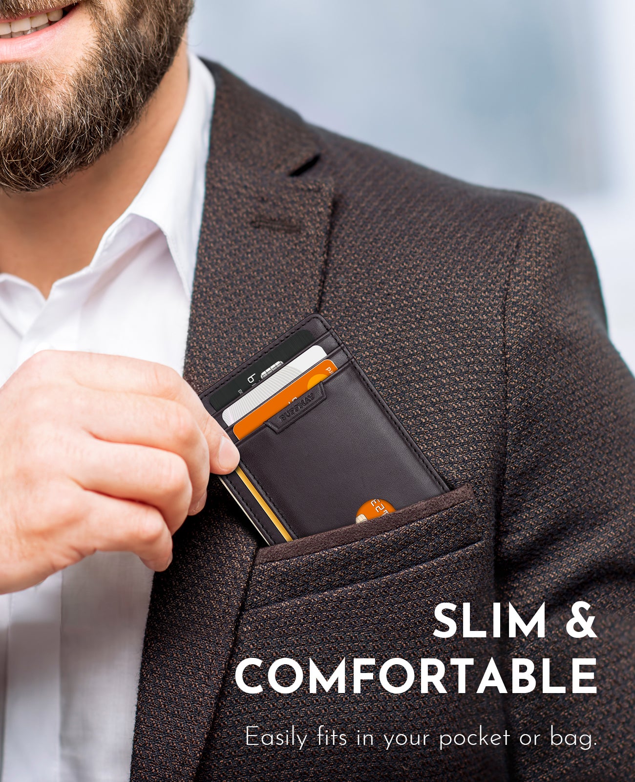 Buffway Slim Wallet for Men Women Minimalist Small Leather Front Pocket Wallets with RFID Blocking and Gifts Box - Bassa Chocolate