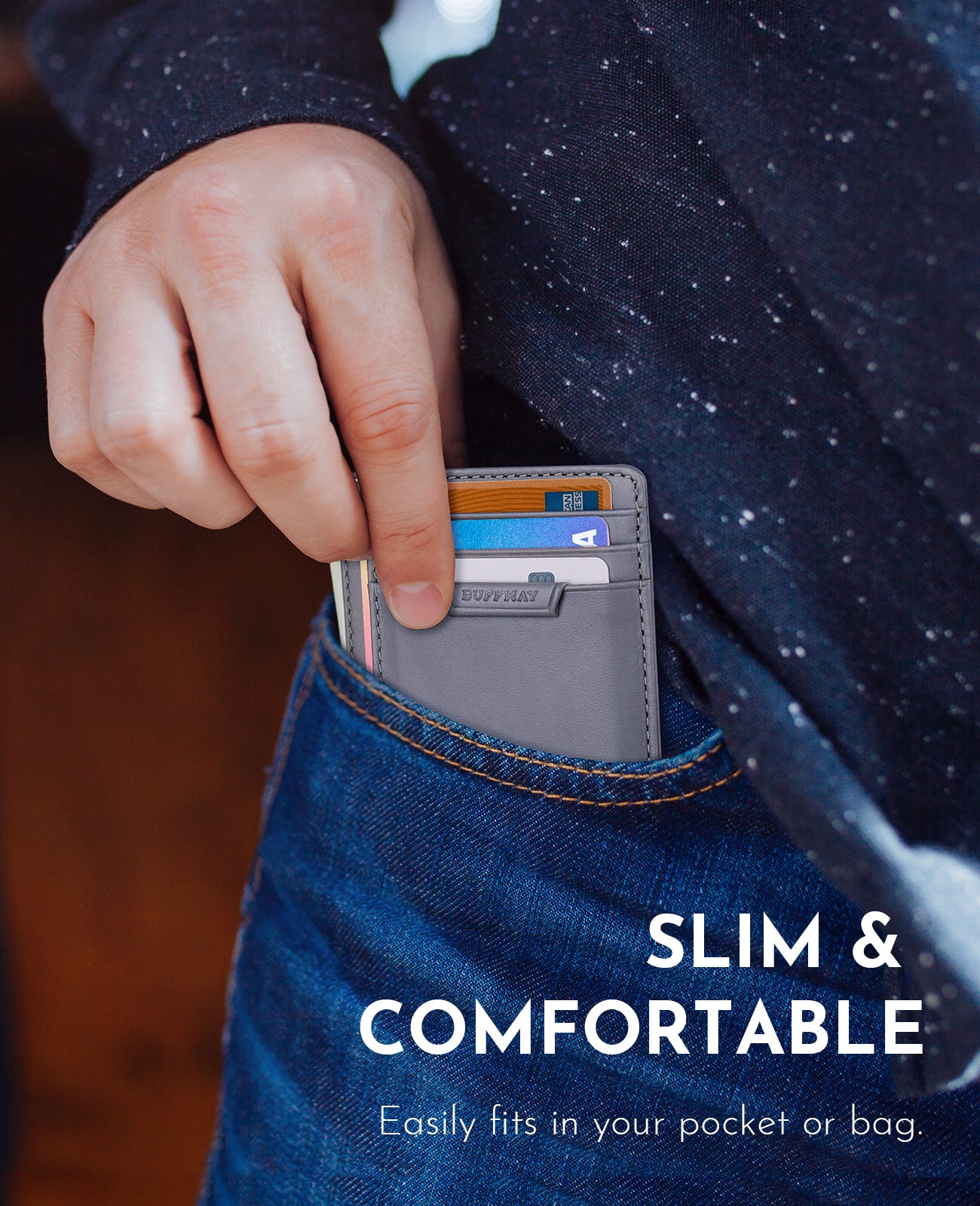 Buffway Slim Wallet for Men Women Minimalist Small Leather Front Pocket Wallets with RFID Blocking and Gifts Box - Bassa Grey