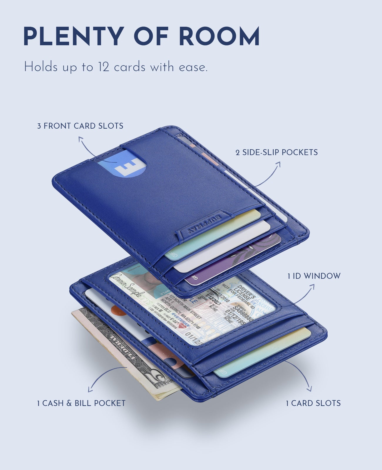 Buffway Slim Wallet for Men Women Minimalist Small Leather Front Pocket Wallets with RFID Blocking and Gifts Box - Bassa Blue