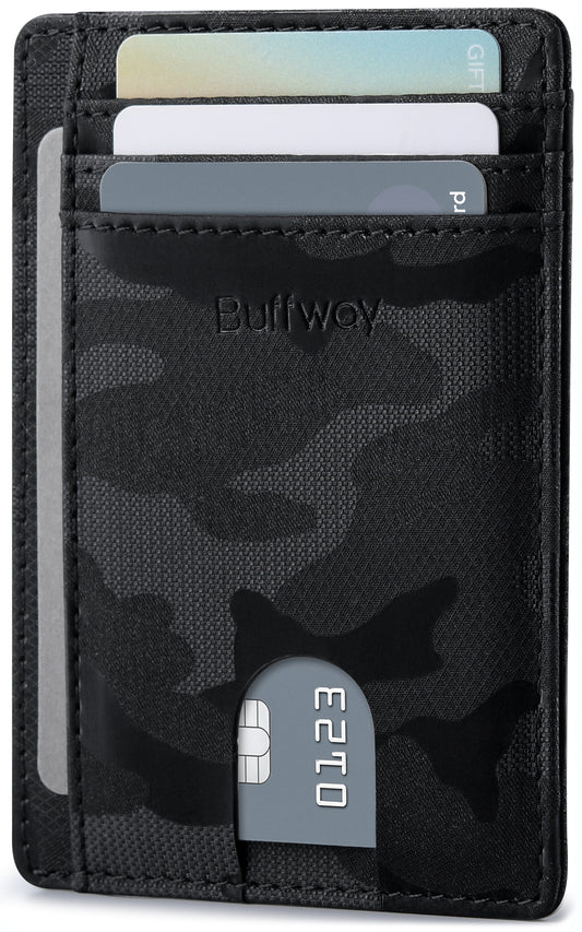 Buffway Slim Minimalist Front Pocket RFID Blocking Leather Wallets for Men and Women - Camo Black