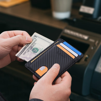 Buffway Slim Minimalist Front Pocket RFID Blocking Leather Wallets for Men and Women - Carbon Fiber