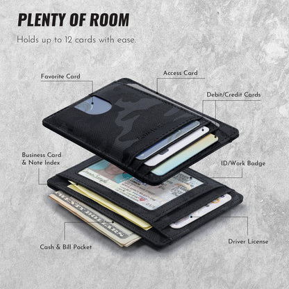 Buffway Slim Minimalist Front Pocket RFID Blocking Leather Wallets for Men and Women - Camo Black