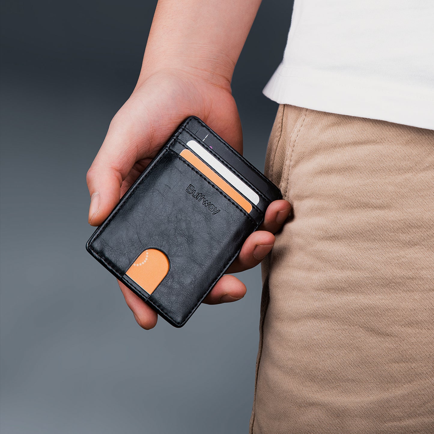 Buffway Mens Slim Wallet, Minimalist Thin Front Pocket Leather Credit Card Holder with RFID Blocking for Work Travel - Seattle