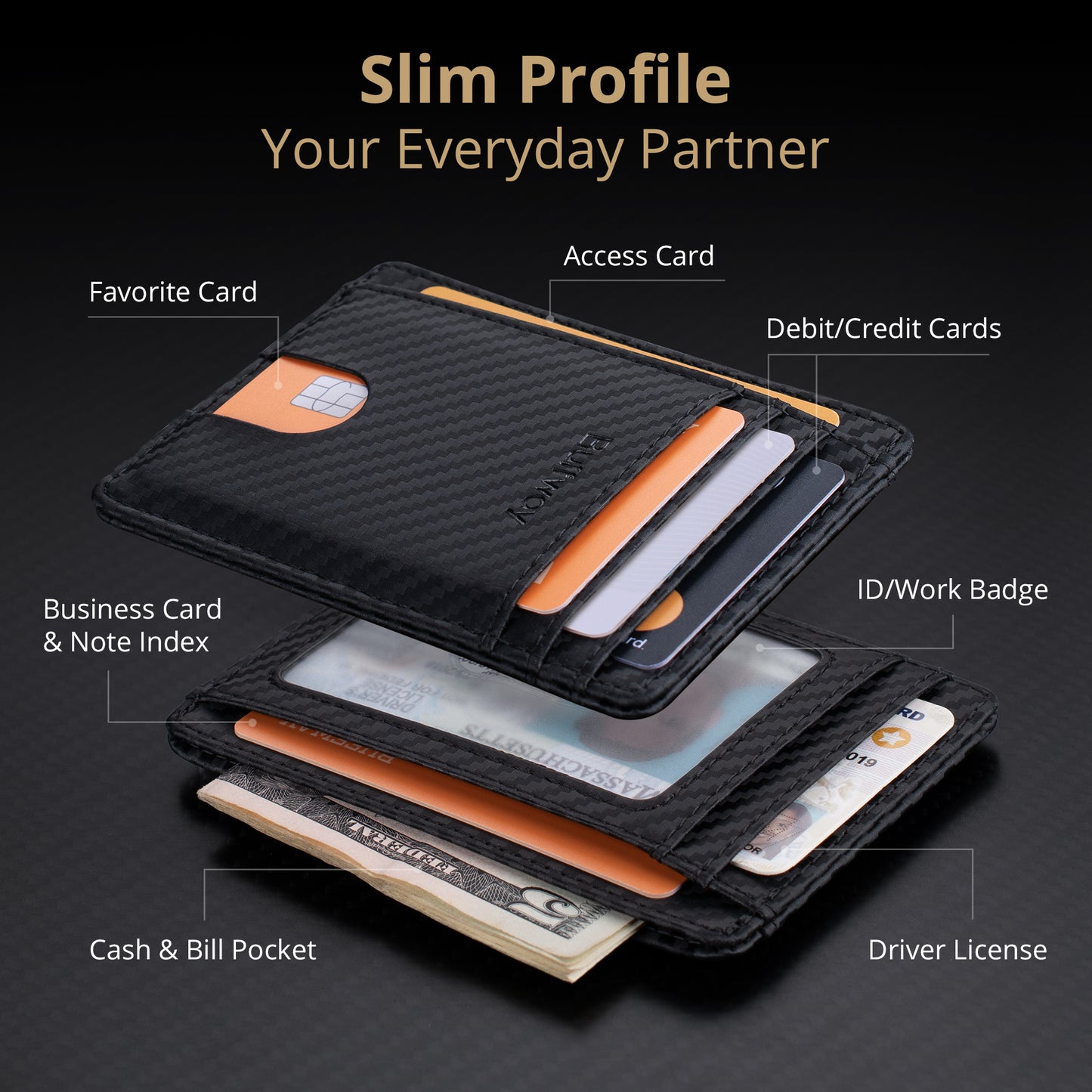 Buffway Slim Minimalist Front Pocket RFID Blocking Leather Wallets for Men and Women - Carbon Fiber
