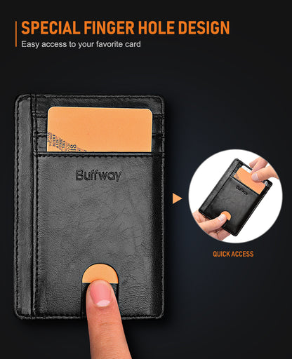 Buffway Slim Minimalist Front Pocket RFID Blocking Leather Wallets for Men and Women - Alaska Black