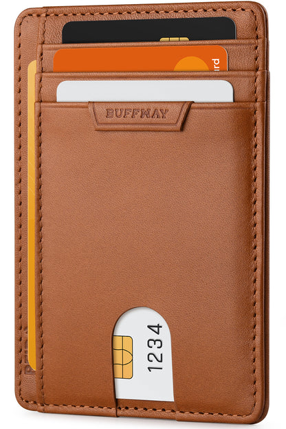 Buffway Slim Wallet for Men Women Minimalist Small Leather Front Pocket Wallets with RFID Blocking and Gifts Box - Bassa Brown