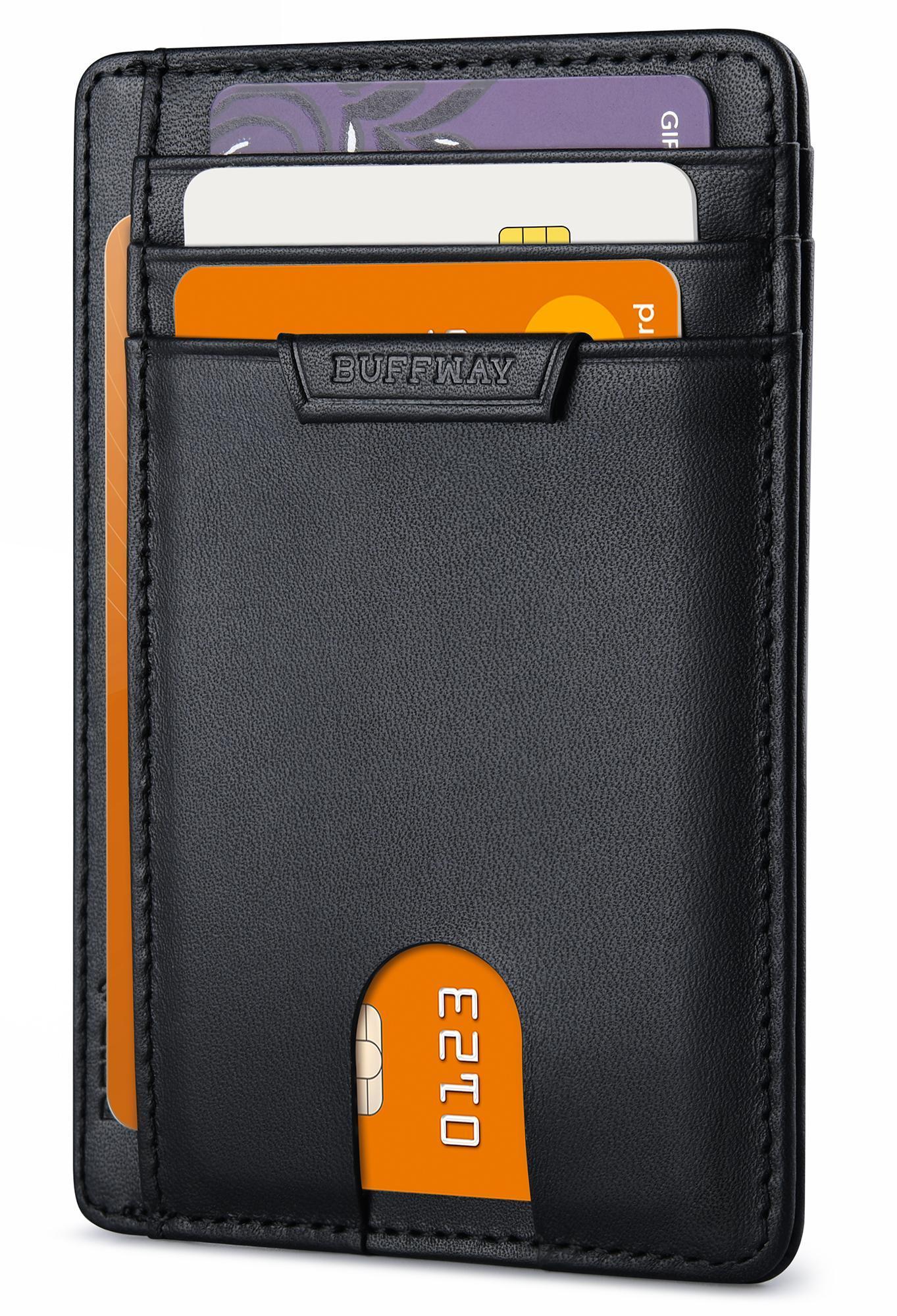 Buffway Slim Wallet for Men Women Minimalist Small Leather Front Pocket Wallets with RFID Blocking and Gifts Box - Bassa Black
