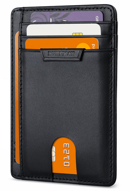 Buffway Slim Wallet for Men Women Minimalist Small Leather Front Pocket Wallets with RFID Blocking and Gifts Box - Bassa Black