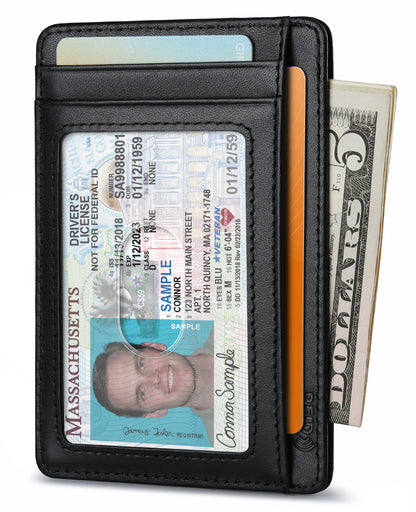 Buffway Slim Wallet for Men Women Minimalist Small Leather Front Pocket Wallets with RFID Blocking and Gifts Box - Bassa Black