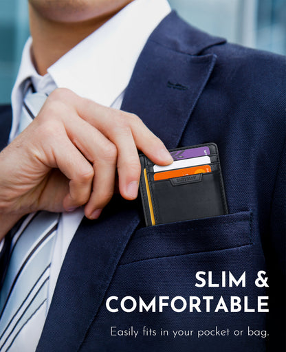 Buffway Slim Wallet for Men Women Minimalist Small Leather Front Pocket Wallets with RFID Blocking and Gifts Box - Bassa Black