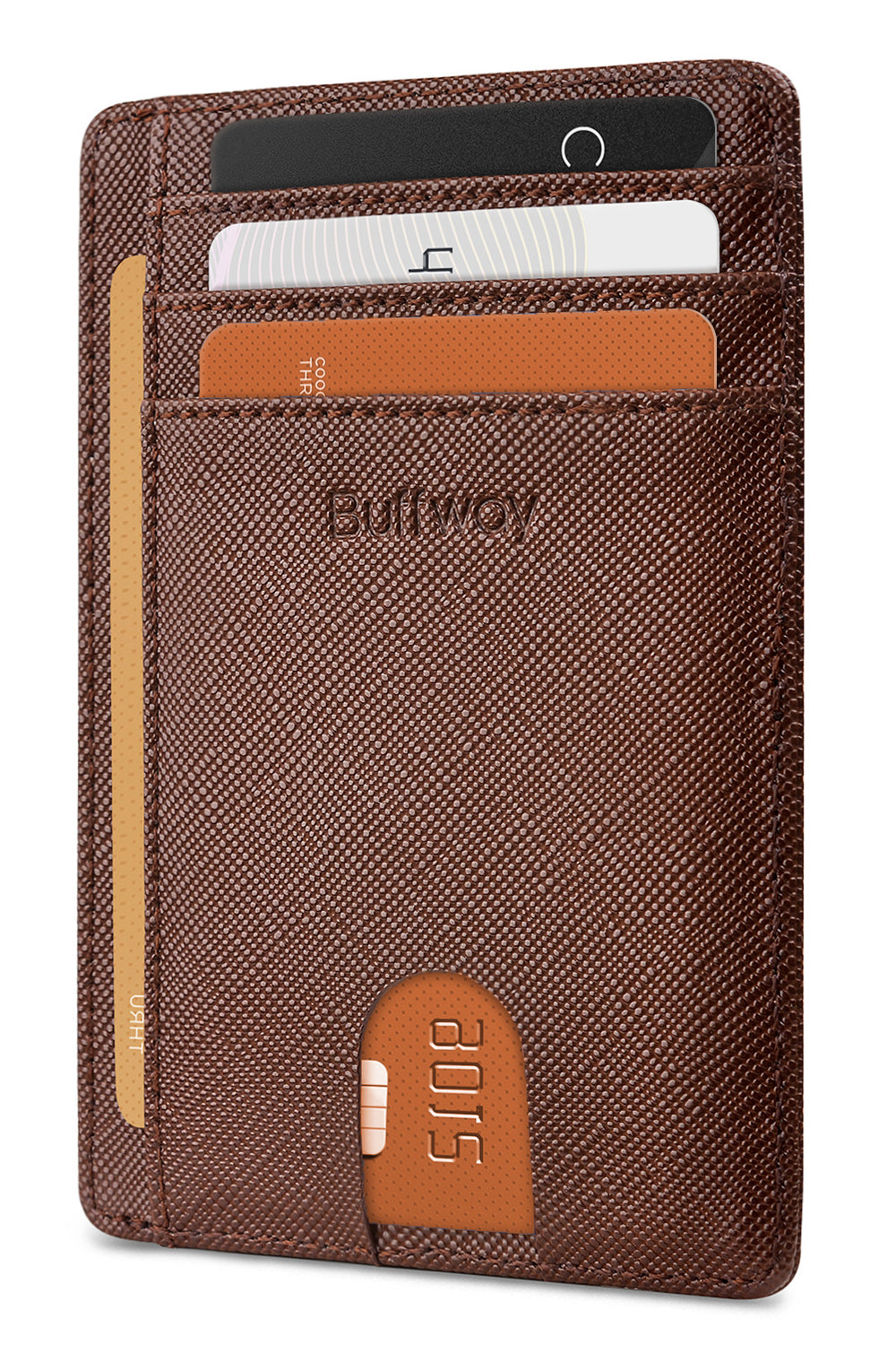Buffway Slim Minimalist Front Pocket RFID Blocking Leather Wallets for Men and Women - Cross Coffee