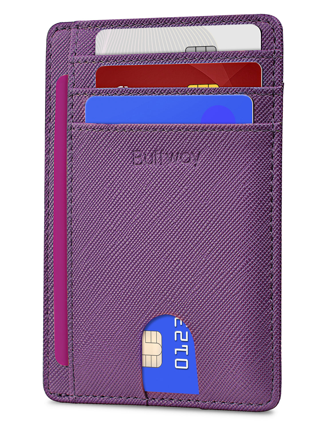 Buffway Slim Minimalist Front Pocket RFID Blocking Leather Wallets for Men and Women - Cross Purple