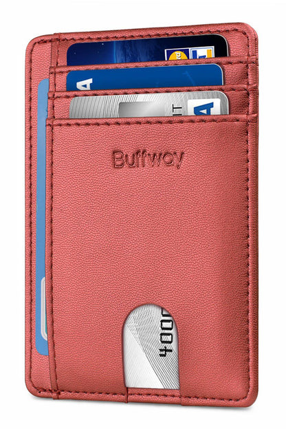 Buffway Slim Minimalist Front Pocket RFID Blocking Leather Wallets for Men and Women - Sand Rose Gold