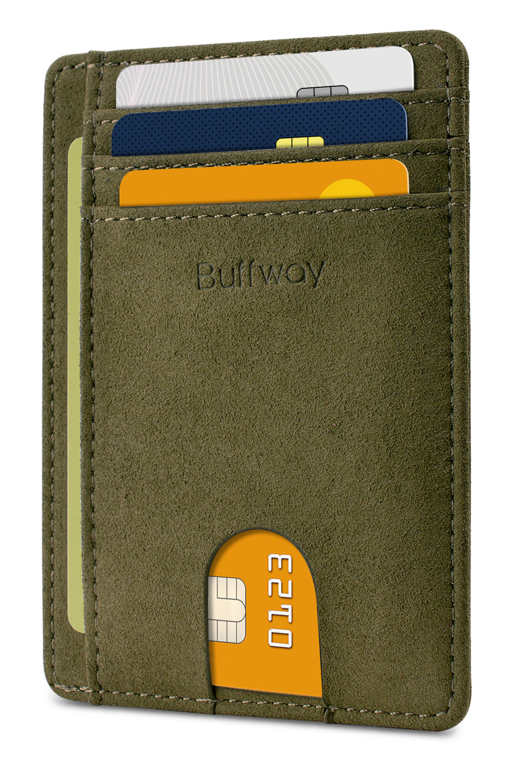Buffway Slim Minimalist Front Pocket RFID Blocking Leather Wallets for Men and Women - At Sahara Desert Green