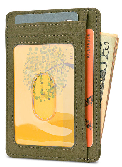 Buffway Slim Minimalist Front Pocket RFID Blocking Leather Wallets for Men and Women - At Sahara Desert Green