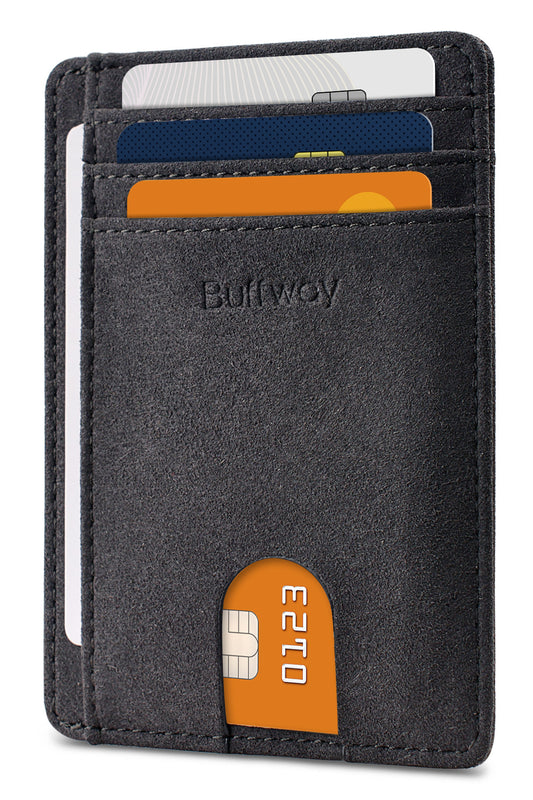 Buffway Slim Minimalist Front Pocket RFID Blocking Leather Wallets for Men and Women - At Sahara Carbon Black