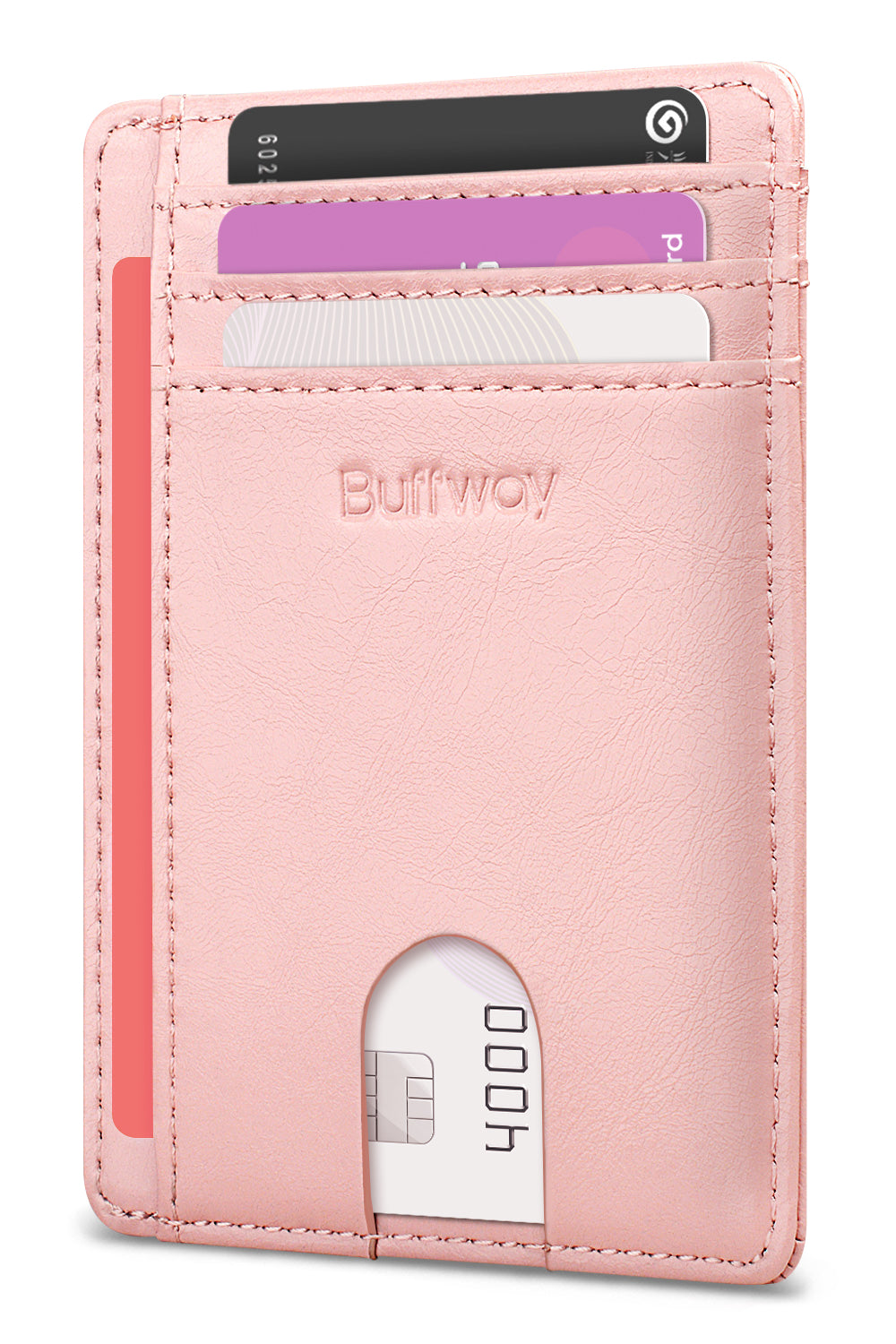 Buffway Slim Minimalist Front Pocket RFID Blocking Leather Wallets for Men and Women - Alaska Pink