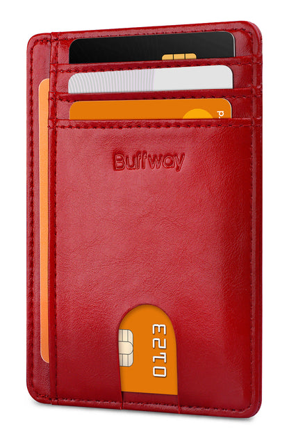 Buffway Slim Minimalist Front Pocket RFID Blocking Leather Wallets for Men and Women - Alaska Cherry