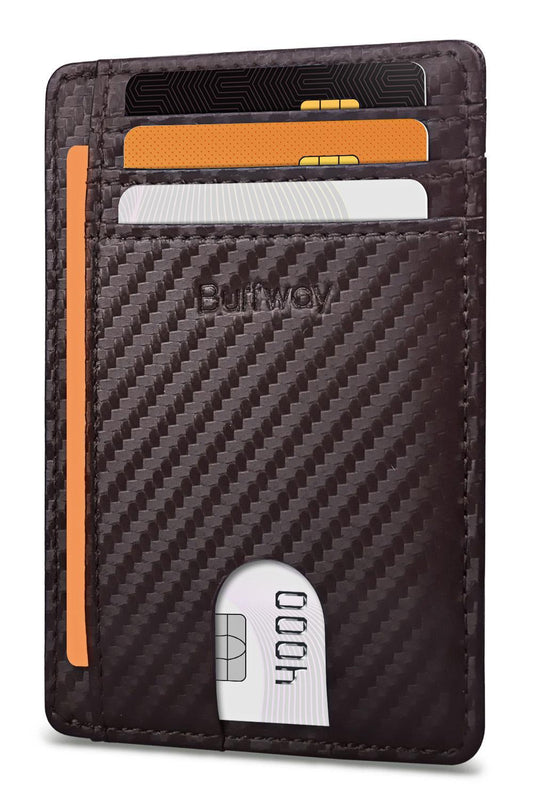 Buffway Slim Minimalist Front Pocket RFID Blocking Leather Wallets for Men and Women - Carbon Fiber Coffee