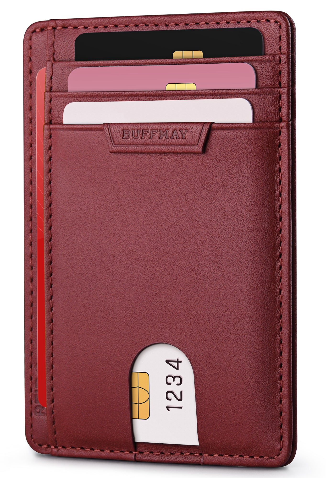 Buffway Slim Wallet for Men Women Minimalist Small Leather Front Pocket Wallets with RFID Blocking and Gifts Box - Bassa Mars Red