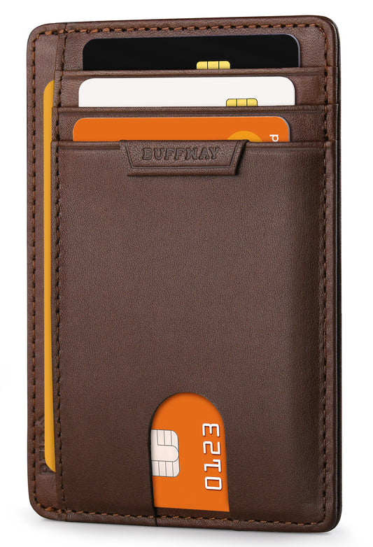 Buffway Slim Wallet for Men Women Minimalist Small Leather Front Pocket Wallets with RFID Blocking and Gifts Box - Bassa Coffee