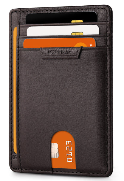 Buffway Slim Wallet for Men Women Minimalist Small Leather Front Pocket Wallets with RFID Blocking and Gifts Box - Bassa Chocolate